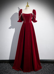 Burgundy Velvet Puff Sleeve Pearls Prom Dresses