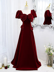 Burgundy Velvet Puff Sleeve Prom Dresses With Bow