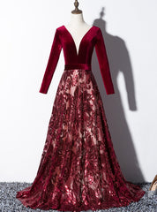 Burgundy Velvet Sequins Long Sleeve See Though V-neck Prom Dresses