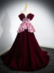 Burgundy Velvet Sequins Off the Shoulder Pearls Prom Dresses