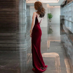 Burgundy Velvet Sexy Mermaid Slit Long Evening Dress, Backless Prom Dress Party Dress