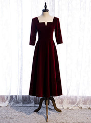 Burgundy Velvet Short Sleeve Square Tea Length Prom Dresses