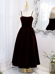 Burgundy Velvet Spaghetti Straps Pearls Prom Dresses