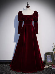 Burgundy Velvet Square Bow Long Sleeve Prom Dresses