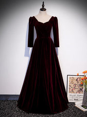 Burgundy Velvet Square Long Sleeve Prom Dresses