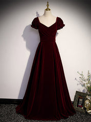 Burgundy Velvet Square Puff Sleeve Pleats Prom Dresses