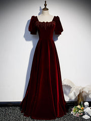 Burgundy Velvet Square Short Sleeve Beading Prom Dresses