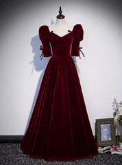 Burgundy Velvet Square Short Sleeve Pleats Prom Dresses