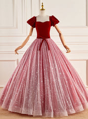 Burgundy Velvet Square Short Sleeve Quinceanera Dresses