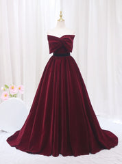 Burgundy Velvet Strapless Bow Prom Dresses