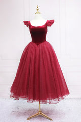 Burgundy Velvet Tulle Tea Length Prom Dress, Cute A-Line Party Dress