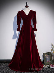 Burgundy Velvet V-neck Long Sleeve Button Prom Dress