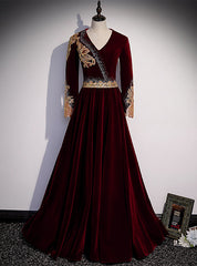 Burgundy Velvet V-neck Long Sleeve Gold Beading Prom Dresses