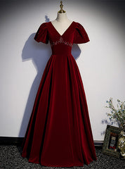 Burgundy Velvet V-neck Puff Sleeve Beading Prom Dresses