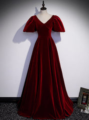 Burgundy Velvet V-neck Puff Sleeve Prom Dresses