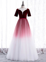 Burgundy White Tulle Velvet Short Sleeve Prom Dresses