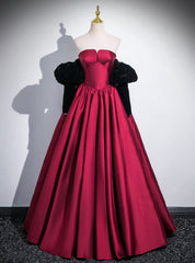 Burugndy Satin Strapless Black Velvet Long Sleeve Prom Dresses