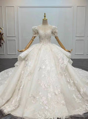 Buy More, Save More Ivory White Ball Gown Tulle Lace Short Sleeve Appliques Beading Wedding Dresses