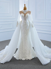 Buy More, Save More White Mrmaid Tulle High Neck Long Sleeve Pearls Wedding Dresses With Removable Train