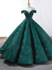 Buy The Newest Dark Green Sequins Ball Gown Off The Shoulder Prom Dresses