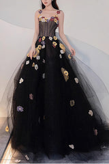 A Line Black Tulle Prom Dresses with Flowers Puffy Quinceanera Dresses