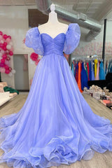 A-Line Organza Long Prom Dresses, Lovely Puff Sleeve Evening Dresses