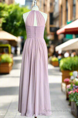 Candy Pink A-Line Halter Sleeveless Pleated Floor-Length Chiffon Bridesmaid Dresses