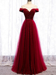 Cap Sleeve Red Sparkly Tulle Long Cheap Evening Prom Dresses