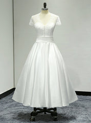 Cap Sleeve Tea Length Sheer Back Satin Short Wedding Dresses