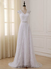 Cap Sleeve V-neck A-line Lace Beaded Sashes Wedding Dresses