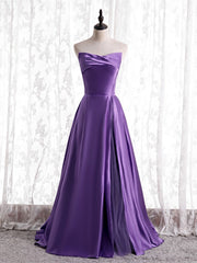 Causal Dark Purple Satin Strapless Prom Dresses