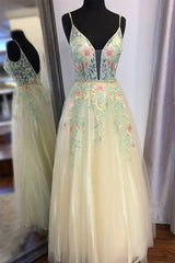 Gorgeous Straps A Line Floral Embroidered Long Prom Formal Dresses