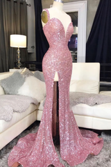 Pink Sweetheart Sequin Mermaid Long Prom Dresses, Pink Evening Dresses