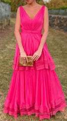 Hot Pink V-Neck A-Line Chiffon Two Layers Evening Dresses Long Prom Dresses