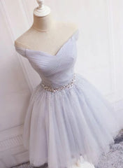 Charming Sliver Grey Short Beaded Tulle Party Dresses, Homecoming Dresses