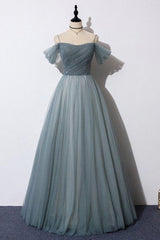 Off The Shoulder Grey Tulle Prom Dress