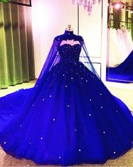 Royal Blue Tulle Ball Gown Prom Dresses, With Cape