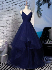 Charming Spaghetti Strps Navy Blue Prom Dress 2025 Tulle Layers Long Evening Gown