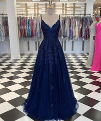 Blue V Neck Tulle Lace Long Prom Dresses, Evening Dresses