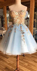 A Line Off The Shoulder Above Knee Light Blue Homecoming Dresses, With Appliques