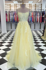 Yellow Tulle Lace Long Prom Dresses, Yellow Lace Formal Dresses