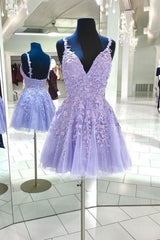 Purple V Neck Tulle Lace Short Homecoming Dresses, Lace Cocktail Dresses