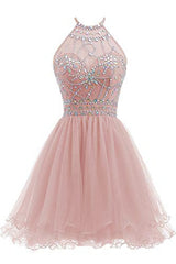 Beaded Halter Homecoming Dresses, Short Tulle Dresses