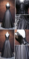 Chic A Line V Neck Floor Length Tulle Black Applique Long Prom Dresses, Evening Dresses