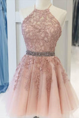 Pink Halter Appliqued Homecoming Dresses, With Beading Belt