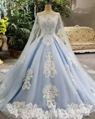 Blue And White Lace Shiny Prom Dresses, Charming Prom Dresses