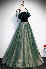 Spaghetti Straps Tulle Lace Green Prom Dresses, Floor Length Lace Up Formal Dresses