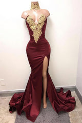 Burgundy Lace Long Prom Dresses, Mermaid Evening Dresses