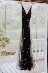 Black Tulle Gold Star Wedding Dresses, Fashion Prom Gown