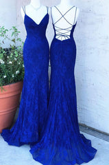 Elegant Mermaid Royal Blue Lace Long Prom Dress, With Lace Up Back 2025 Long Prom Dress